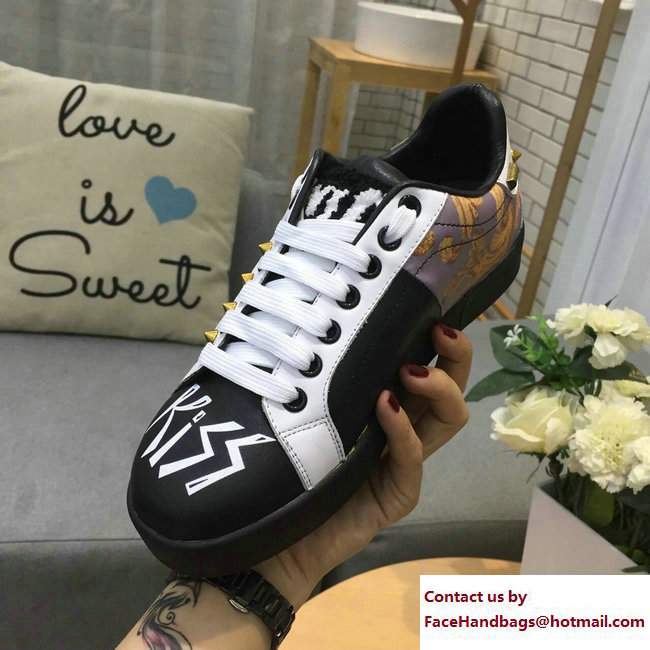 Dolce  &  Gabbana Leather Sneakers Patch Heart and Applique Black 2017